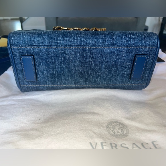 Authentic Rare Versace La Medusa Chain Embellished Leather trimmed Denim Tote 💙 - Picture 7 of 16